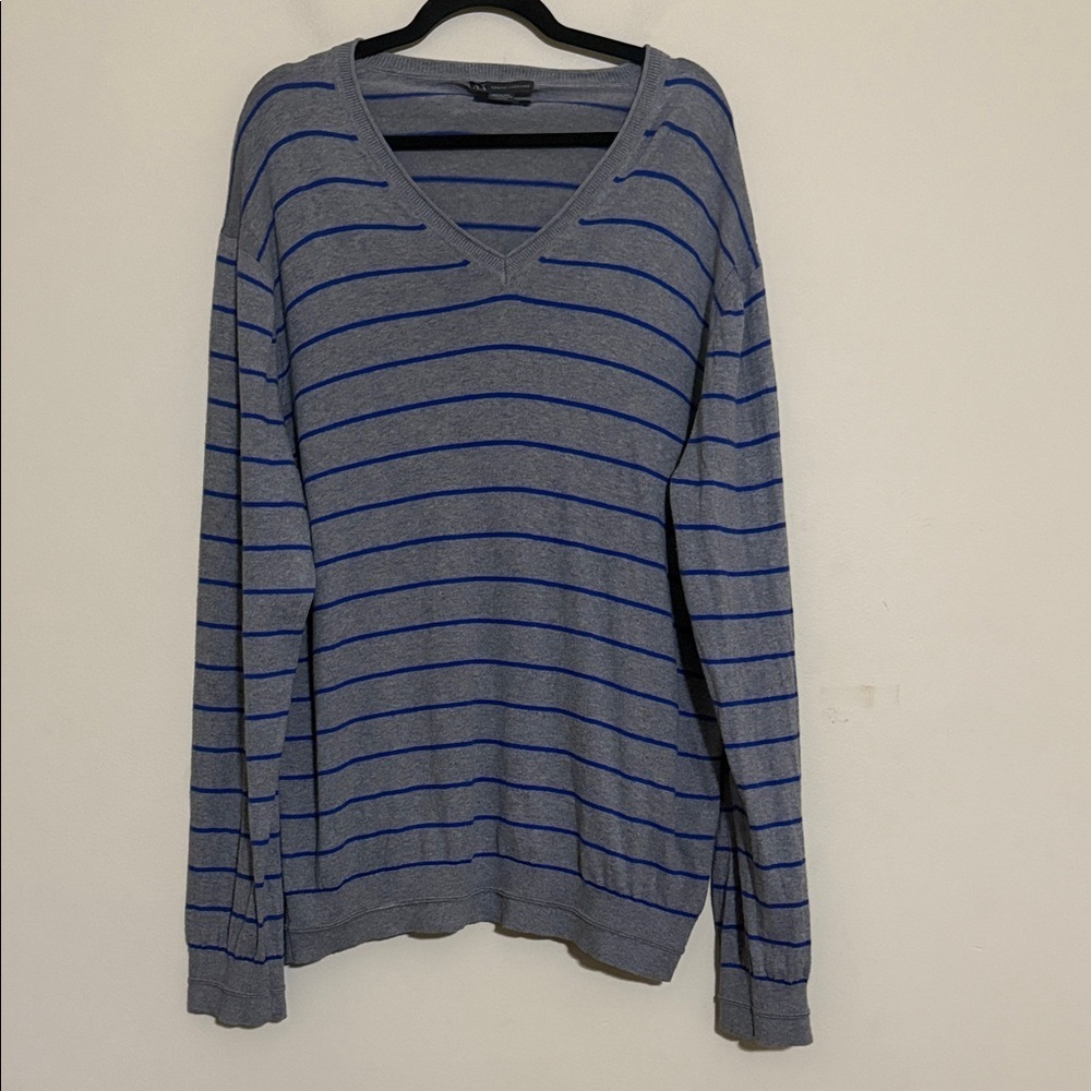 Armani Exchange V-Neck Sweater  Gray Blue striped Mens XXX/TTG cotton cashmere